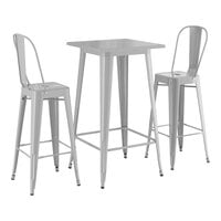 Lancaster Table & Seating Alloy Series 23 1/2" x 23 1/2" Silver Bar Height Outdoor Table with 2 Cafe Barstools