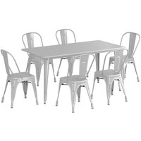 Lancaster Table & Seating Alloy Series 63 inch x 32 inch Silver Dining Height Outdoor Table with 6 Industrial Cafe Chairs