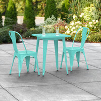 Lancaster Table & Seating Alloy Series 24 inch x 24 inch Seafoam Dining Height Outdoor Table with 2 Industrial Cafe Chairs