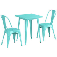 Lancaster Table & Seating Alloy Series 24 inch x 24 inch Seafoam Dining Height Outdoor Table with 2 Industrial Cafe Chairs