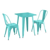 Lancaster Table & Seating Alloy Series 23 1/2" x 23 1/2" Seafoam Standard Height Outdoor Table with 2 Cafe Chairs