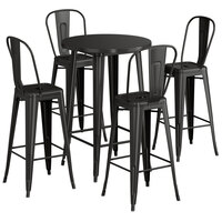 Lancaster Table & Seating Alloy Series 30 inch Round Black Outdoor Bar Height Table with 4 Metal Cafe Bar Stools