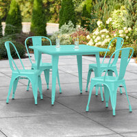 Lancaster Table & Seating Alloy Series 36 inch x 36 inch Seafoam Dining Height Outdoor Table with 4 Industrial Cafe Chairs