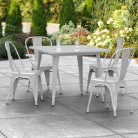 Lancaster Table & Seating Alloy Series 36 inch x 36 inch Silver Dining Height Outdoor Table with 4 Industrial Cafe Chairs