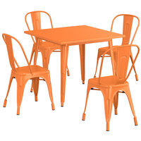 Lancaster Table & Seating Alloy Series 36 inch x 36 inch Orange Dining Height Outdoor Table with 4 Industrial Cafe Chairs