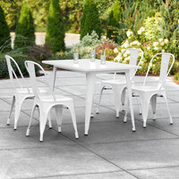 Lancaster Table & Seating Alloy Series 48 inch x 30 inch Rectangle White Dining Height Outdoor Table with 4 Industrial Cafe Chairs
