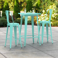 Lancaster Table & Seating Alloy Series 24 inch x 24 inch Seafoam Outdoor Bar Height Table with 2 Metal Cafe Bar Stools