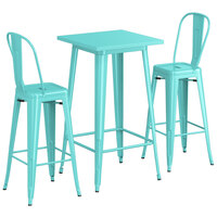 Lancaster Table & Seating Alloy Series 24 inch x 24 inch Seafoam Outdoor Bar Height Table with 2 Metal Cafe Bar Stools