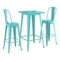 Lancaster Table & Seating Alloy Series 23 1/2" x 23 1/2" Aquamarine Bar Height Outdoor Table with 2 Cafe Barstools