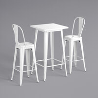 Lancaster Table & Seating Alloy Series 23 1/2" x 23 1/2" White Bar Height Outdoor Table with 2 Cafe Barstools