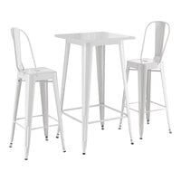 Lancaster Table & Seating Alloy Series 23 1/2 inch x 23 1/2 inch White Bar Height Outdoor Table with 2 Cafe Barstools