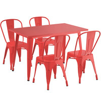 Lancaster Table & Seating Alloy Series 48 inch x 30 inch Red Dining Height Outdoor Table with 4 Industrial Cafe Chairs