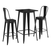 Lancaster Table & Seating Alloy Series 23 1/2" x 23 1/2" Onyx Black Bar Height Outdoor Table with 2 Cafe Barstools