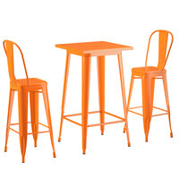 Lancaster Table & Seating Alloy Series 24 inch x 24 inch Orange Outdoor Bar Height Table with 2 Metal Cafe Bar Stools