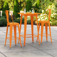Lancaster Table & Seating Alloy Series 24 inch x 24 inch Orange Outdoor Bar Height Table with 2 Metal Cafe Bar Stools
