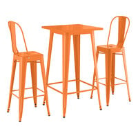 Lancaster Table & Seating Alloy Series 23 1/2 inch x 23 1/2 inch Amber Orange Bar Height Outdoor Table with 2 Cafe Barstools