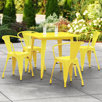 Lancaster Table & Seating Alloy Series 32 inch x 32 inch Yellow Dining Height Outdoor Table with 4 Arm Chairs