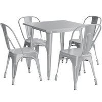 Lancaster Table & Seating Alloy Series 32" x 32" Silver Dining Height Outdoor Table with 4 Industrial Cafe Chairs
