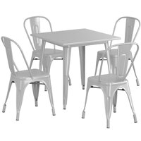 Lancaster Table & Seating Alloy Series 32 inch x 32 inch Silver Dining Height Outdoor Table with 4 Industrial Cafe Chairs