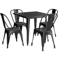 Lancaster Table & Seating Alloy Series 32 inch x 32 inch Black Dining Height Outdoor Table with 4 Industrial Cafe Chairs