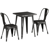 Lancaster Table & Seating Alloy Series 24 inch x 24 inch Square Distressed Black Dining Height Outdoor Table with 2 Industrial Cafe Chairs