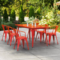 Lancaster Table & Seating Alloy Series 63 inch x 32 inch Red Dining Height Outdoor Table with 6 Arm Chairs