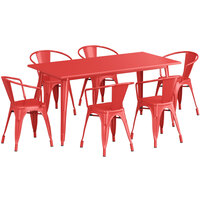 Lancaster Table & Seating Alloy Series 63" x 32" Ruby Red Standard Height Outdoor Table with 6 Arm Chairs