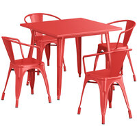 Lancaster Table & Seating Alloy Series 35 1/2" x 35 1/2" Ruby Red Standard Height Outdoor Table with 4 Arm Chairs