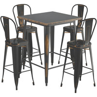 Lancaster Table & Seating Alloy Series 32 inch x 32 inch Distressed Copper Outdoor Bar Height Table with 4 Metal Cafe Bar Stools
