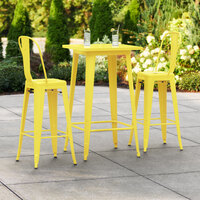 Lancaster Table & Seating Alloy Series 24 inch x 24 inch Yellow Outdoor Bar Height Table with 2 Metal Cafe Bar Stools