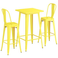 Lancaster Table & Seating Alloy Series 23 1/2" x 23 1/2" Yellow Bar Height Outdoor Table with 2 Cafe Barstools