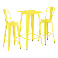 Lancaster Table & Seating Alloy Series 23 1/2" x 23 1/2" Citrine Yellow Bar Height Outdoor Table with 2 Cafe Barstools
