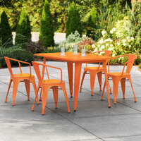 Lancaster Table & Seating Alloy Series 48 inch x 30 inch Orange Dining Height Outdoor Table with 4 Arm Chairs