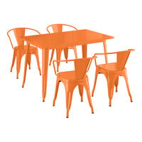 Lancaster Table & Seating Alloy Series 47 1/2" x 29 1/2" Orange Standard Height Outdoor Table with 4 Arm Chairs