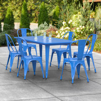 Lancaster Table & Seating Alloy Series 63 inch x 32 inch Blue Dining Height Outdoor Table with 6 Industrial Cafe Chairs