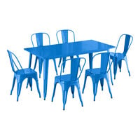 Lancaster Table & Seating Alloy Series 63" x 31 1/2" Blue Standard Height Outdoor Table with 6 Cafe Chairs