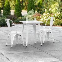 Lancaster Table & Seating Alloy Series 24 inch x 24 inch Square White Dining Height Outdoor Table with 2 Industrial Cafe Chairs