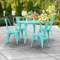 Lancaster Table & Seating Alloy Series 32 inch x 32 inch Seafoam Dining Height Outdoor Table with 4 Industrial Cafe Chairs