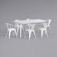 Lancaster Table & Seating Alloy Series 63 inch x 32 inch White Dining Height Outdoor Table with 6 Arm Chairs