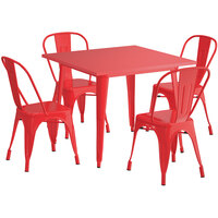 Lancaster Table & Seating Alloy Series 36 inch x 36 inch Red Dining Height Outdoor Table with 4 Industrial Cafe Chairs
