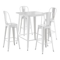 Lancaster Table & Seating Alloy Series 31 1/2" x 31 1/2" White Bar Height Outdoor Table with 4 Cafe Barstools