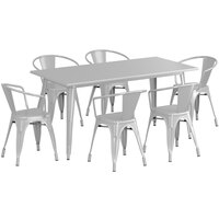Lancaster Table & Seating Alloy Series 63" x 31 1/2" Silver Standard Height Outdoor Table with 6 Arm Chairs