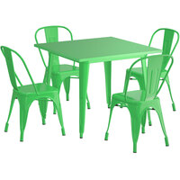Lancaster Table & Seating Alloy Series 36 inch x 36 inch Green Dining Height Outdoor Table with 4 Industrial Cafe Chairs