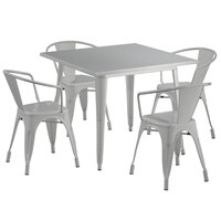 Lancaster Table & Seating Alloy Series 36 inch x 36 inch Silver Dining Height Outdoor Table with 4 Arm Chairs