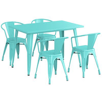 Lancaster Table & Seating Alloy Series 48 inch x 30 inch Seafoam Dining Height Outdoor Table with 4 Arm Chairs