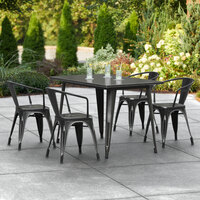 Lancaster Table & Seating Alloy Series 48 inch x 30 inch Distressed Black Dining Height Outdoor Table with 4 Arm Chairs
