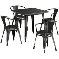 Lancaster Table & Seating Alloy Series 32 inch x 32 inch Distressed Black Dining Height Outdoor Table with 4 Arm Chairs