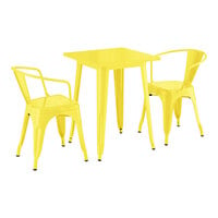Lancaster Table & Seating Alloy Series 23 1/2" x 23 1/2" Yellow Standard Height Outdoor Table with 2 Arm Chairs