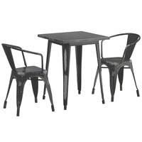 Lancaster Table & Seating Alloy Series 24 inch x 24 inch Distressed Black Dining Height Outdoor Table with 2 Arm Chairs