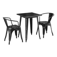 Lancaster Table & Seating Alloy Series 23 1/2" x 23 1/2" Distressed Black Standard Height Outdoor Table with 2 Arm Chairs